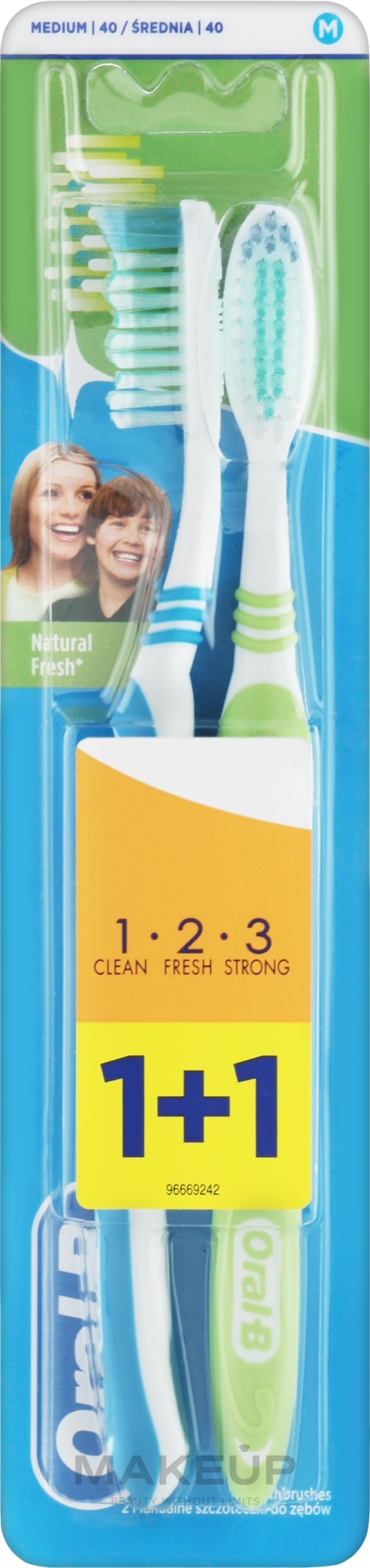 Zahnbürsten-Set mittel blau und hellgrün - Oral-B 1 2 3 Natural Fresh 40 Medium 1 + 1 — Bild 2 St.