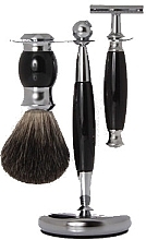 Set - Golddachs Synthetic Hair, Safety Razor Polymer Black Chrome (sh/brush + razor + stand) — Bild N1