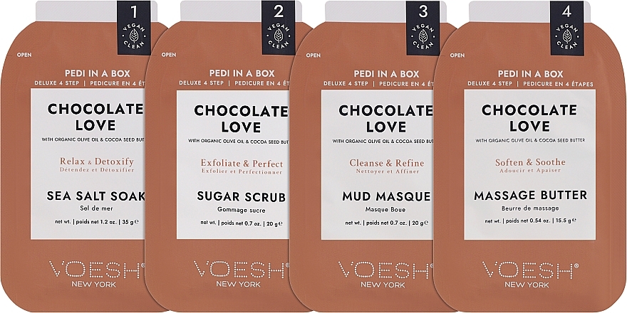 4-stufige Chocolate Love Fußpflege - Voesh Deluxe Pedicure Chocolate Love Pedi In A Box 4in1 (1. Meer Badesalz, 2. Zuckerpeeling, 3. Schlammmaske, 4. Massagebutter)(35g) — Bild N2