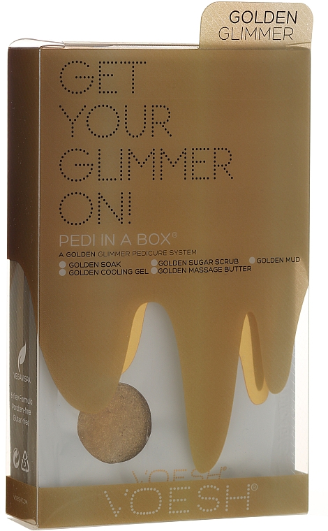 5-stufige Golden Glimmer Fußpflege - Voesh Deluxe Golden Glimmer Pedi In A Box 5in1(1. Meer Badesalz, 2. Zuckerpeeling, 3. Schlammmaske, 4. kühlendes Fussgel, 5. Massagebutter)
