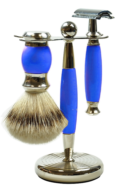 Set - Golddachs Synthetic Hair, Safety Razor Polymer Blue Chrom (sh/brush + razor + stand) — Bild N1