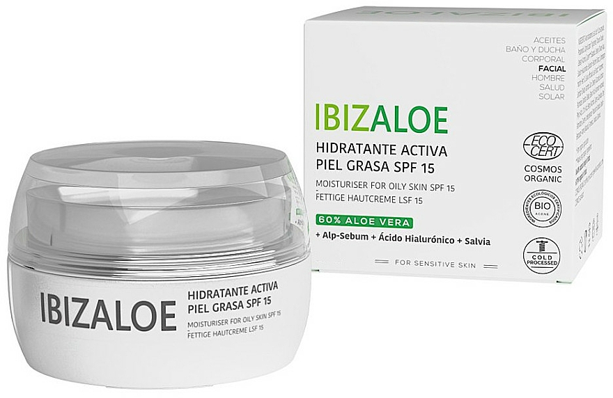 Feuchtigkeitsspendende Gesichtscreme für fettige Haut mit Aloe Vera und Hyaluronsäure - Ibizaloe Moisturizing Cream SPF15 For Oily Skin — Bild N1