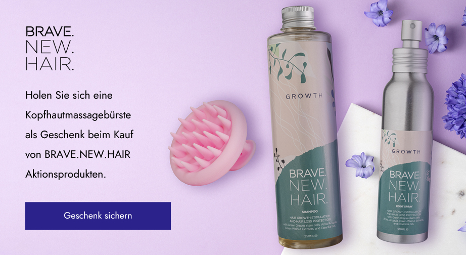 Beim Kauf von BRAVE.NEW.HAIR. Spray und Shampoo der Linie Growth für aktiven Haarwuchs erhalten Sie eine Kopfhautmassagebürste gratis dazu