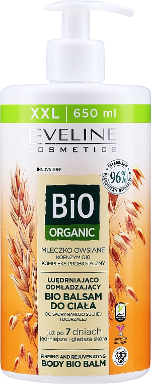 Straffender und verjüngender Bio Körperbalsam mit Hafermilch für sehr trockene und reife Haut - Eveline Cosmetics Bio Organic Firming And Rejuvenating Body Bio Balm Oat Milk