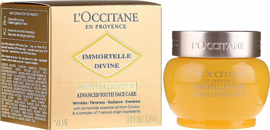 Leichte Anti-Falten Tagescreme mit ätherischen Ölen SPF 20 - L'Occitane Immortelle Divine Cream SPF 20 Advanced Youth Care
