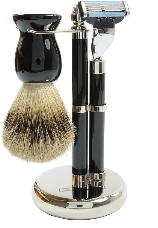 Set - Golddachs Finest Badger, Mach3 Black Chrom (sh/brush + razor + stand) — Bild N1