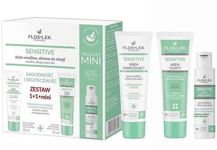 Gesichtspflegeset - Floslek Sensitive Set (Gesichtscreme 2x50ml + Mizellenwasser 50ml) — Bild N1