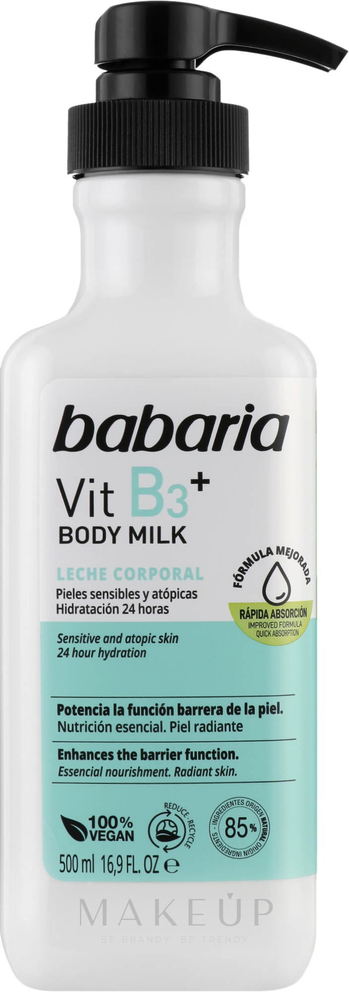 Feuchtigkeitsspendende Körpermilch für empfindliche und atopische Haut mit Vitamin B3+ - Babaria Body Milk Vit B3+ — Bild 500 ml