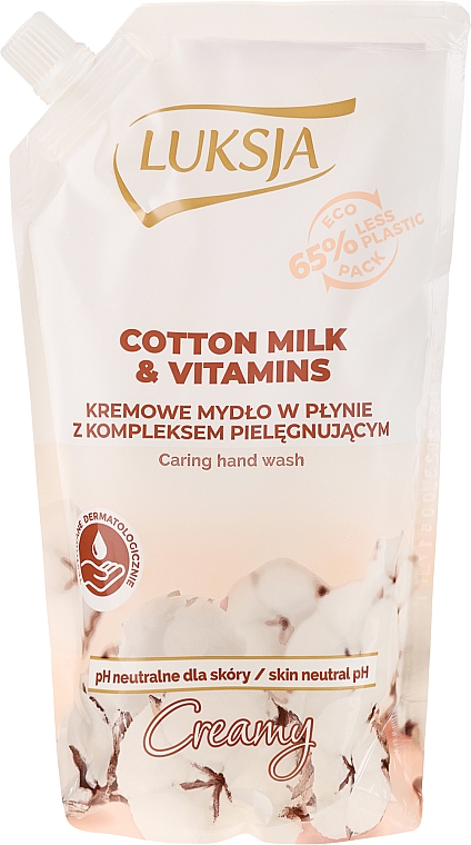 Pflegende flüssige Creme-Seife mit Baumwollmilch und Vitaminen - Luksja Creamy Cotton Milk & Vitamins Caring Hand Wash (Doypack)