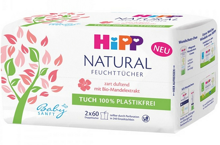 Feuchttücher für Babys und Kinder mit Bio-Mandelextrakt 2x60 St. - Hipp BabySanft Soft Natural — Bild N1