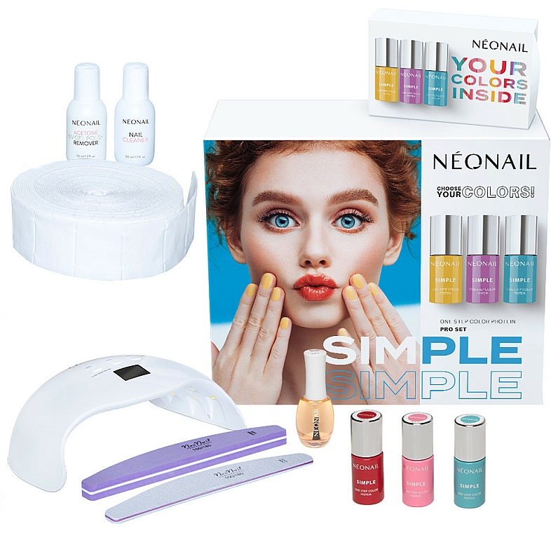 Set - NeoNail Professional Simple One Step Pro Starter Set (n/polish/3x7.2g + lamp + n/cln/50ml + rem/50ml + n/oil/15ml + accessories) — Bild N1