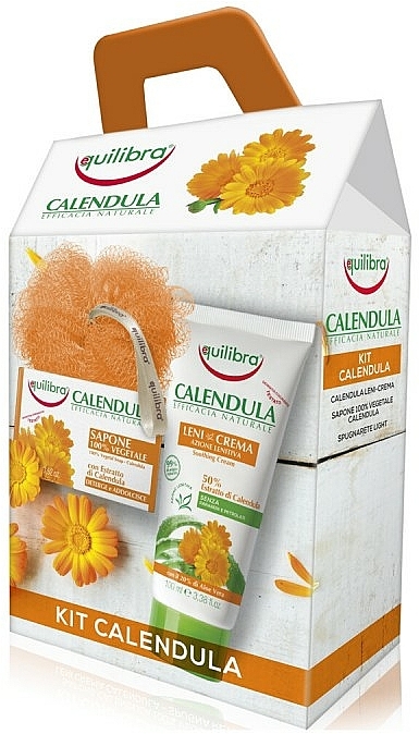 Körperpflegeset - Equilibra Calendula (Beruhigende Creme mit Ringelblumenextrakt 100ml + Seife für Gesicht, Hände und Körper mit Ringelblumenextrakt 100g + Badeschwamm) — Bild N1