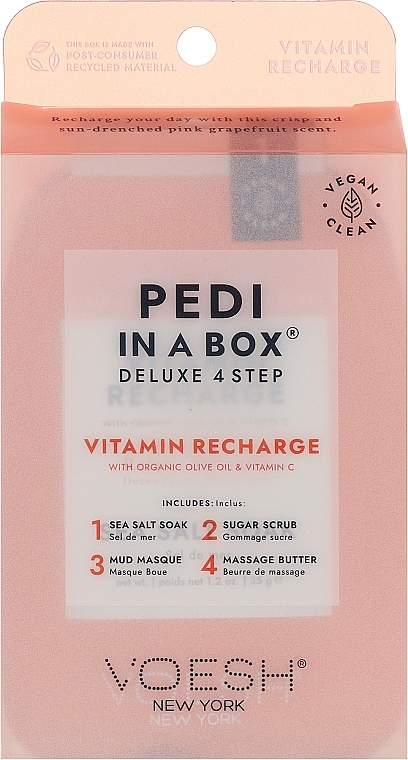 4-stufige Vitamin Recharge Fußpflege - Voesh Deluxe Pedicure Vitamin Recharge In A Box 4in1 (1. Meer Badesalz, 2. Zuckerpeeling, 3. Schlammmaske, 4. Massagebutter) (35 g)