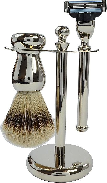 Set - Golddachs Silver Tip Badger, Mach3 Metal Chrome (sh/brush + razor + stand) — Bild N1