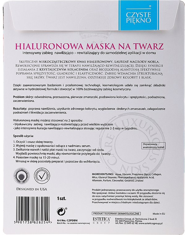 Tuchmaske für das Gesicht mit Hyaluronsäure und Kollagen - Czyste Piekno Hyaluronic Face Mask — Bild N2
