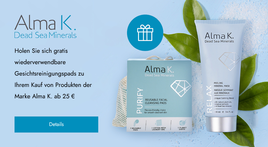 Holen Sie sich gratis wiederverwendbare Gesichtsreinigungspads zu Ihrem Kauf von Produkten der Marke Alma K. ab 25 €
