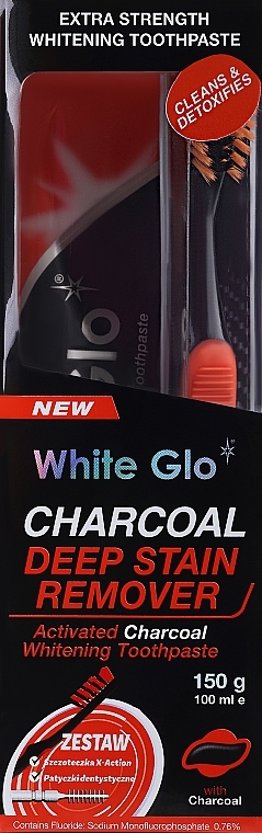 Zahnpflegeset - White Glo Charcoal Deep Stain Remover Toothpaste (Zahnpasta 150ml + Zahnbürste) — Bild N1