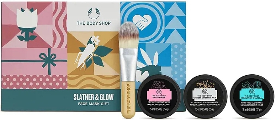 Gesichtspflegeset - The Body Shop Slather & Glow Face Mask Gift (Gesichtsmaske 3x15ml + Gesichtspinsel 1 St.) — Bild N1