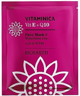 Biozellulose-Tuchmaske für das Gesicht für trockene und empfindliche Haut - Bioearth Vitaminica Single Sheet Face Mask Vit E + Q10 — Bild N1