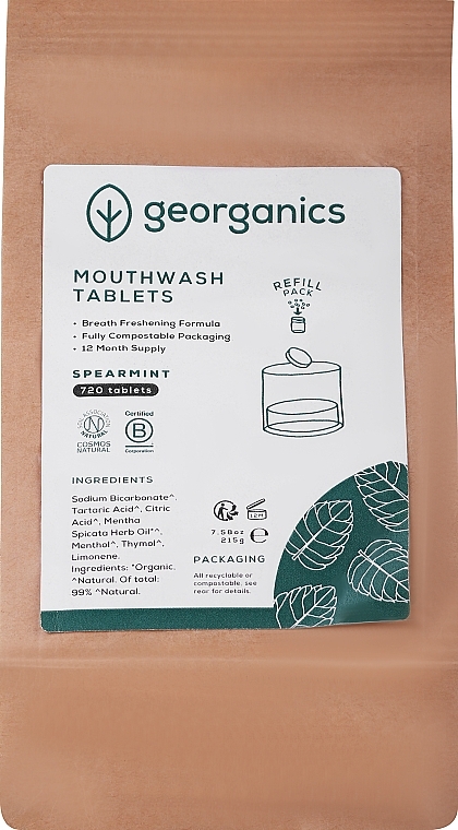Erfrischende Mundwassertabletten mit Minze, Weinstein und Kaolin - Georganics Mouthwash Tablets Spearmint Refill Pack (Refill) — Bild N1