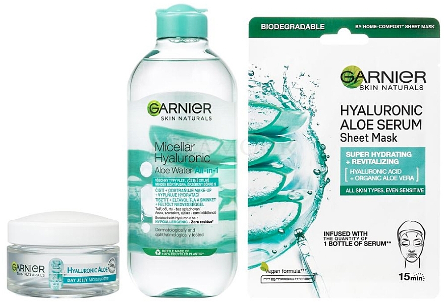 Gesichtspflegeset - Garnier Skin Naturals Hyaluronic Aloe (Mizellenwasser 400ml + Gel 50ml + Maske 28g)  — Bild N2