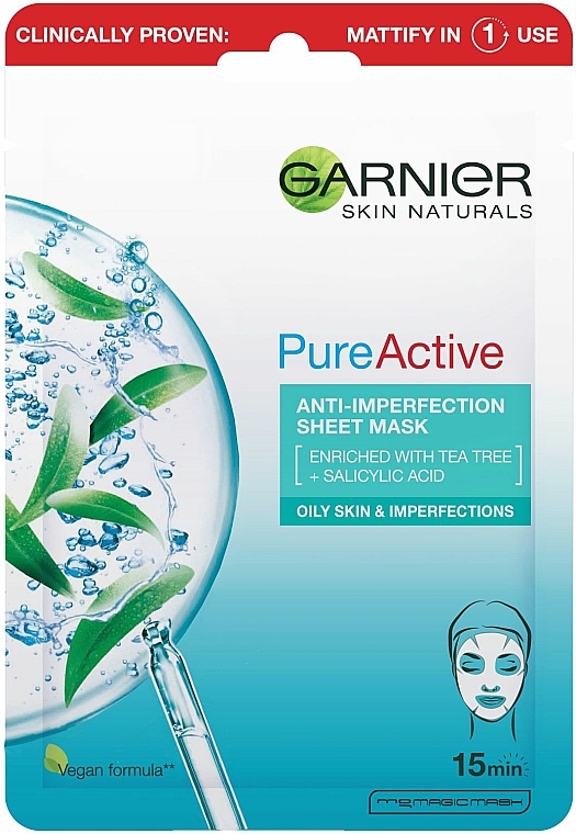 Tuchmaske für das Gesicht gegen Hautunreinheiten mit Teebaum und Salicylsäure - Garnier Skin Naturals Pure Active Anti-Impeffection Sheet Mask — Bild N1