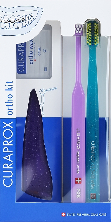 Zahnpflegeset Variante 39 (lila, türkis) - Curaprox Ortho Kit (Zahnbürste 1 St. + Zahnbürsten 07,14,18 3 St. + UHS 1 St. + Orthodontic Wax 1 St. + Box) — Bild N1