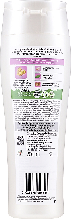 Multivitamin-Shampoo gegen Haarausfall mit Knoblauchextrakt - Dabur Vatika Garlic Multivitamin+ Shampoo Repair & Restore — Bild N2