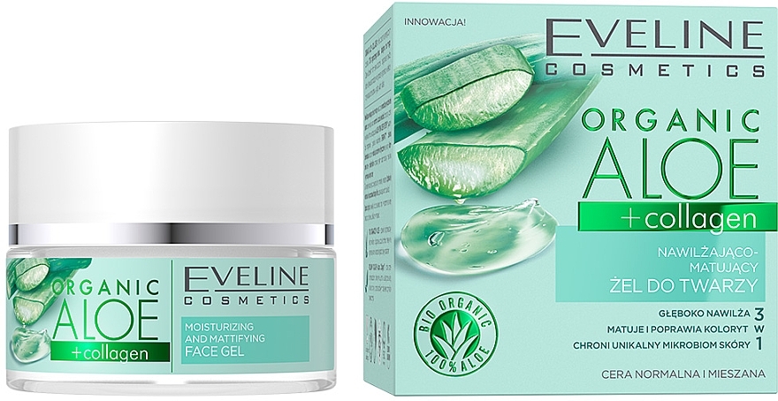 Feuchtigkeitsspendendes und mattierendes Gesichtsgel mit Aloe und Kollagen für normale und Mischhaut - Eveline Cosmetics Organic Aloe + Collagen