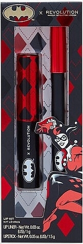 Lippenset - Makeup Revolution X DC Dangerous Red Harley Quinn Lip Kit (Lipstick 1.5 g + Lippenkonturenstift 1 g + Kosmetiktasche) — Bild N1