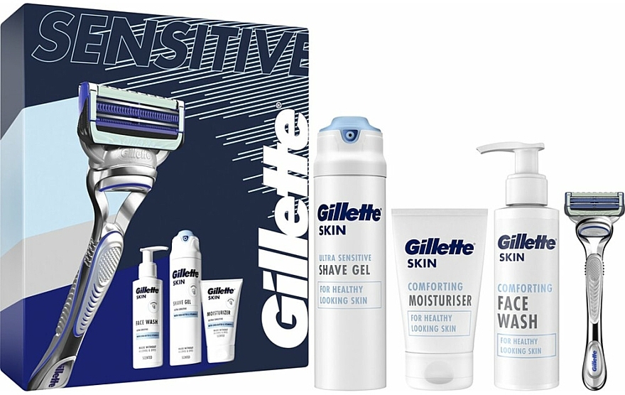 Gesichtspflegeset - Gillette Skin Giftset Sensitive (Rasiergel 200ml + Gesichtscreme 100ml + Gesichtsgel 140ml + Rasierer 1 St.) — Bild N1