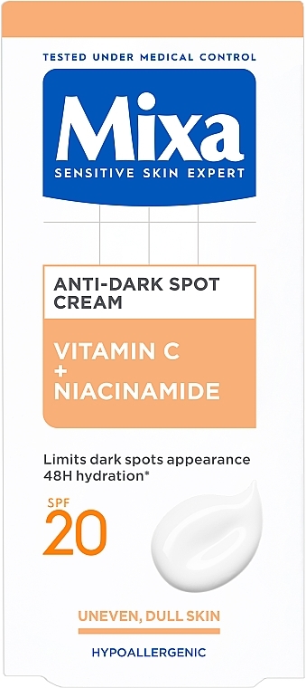 Feuchtigkeitscreme mit Vitamin C und Niacinamid gegen Altersflecken im Gesicht - Mixa Sensitive Skin Expert Creme gegen Pigmentflecken — Bild N1