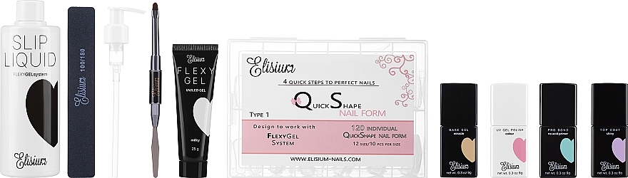 Maniküre-Set - Elisium (Nagelprimer 9g + Nagelgel-Basis 9g + Nagelüberlack 9g + Nagelgel 25g + Flüssiges Flexy Gel 300ml + Nagelfeile + Nagelgel-Pinsel + Gel-Politur 9g + Nageltips) — Bild N1