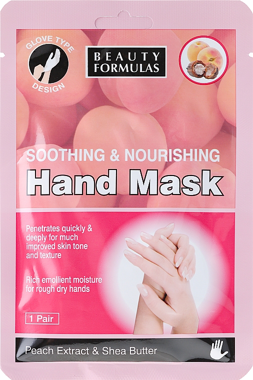 Beruhigende und pflegende Maske in Handschuh-Form mit Pfirsichextrakt und Sheabutter - Beauty Formulas