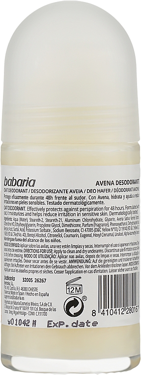 Deo Roll-on mit Haferextrakt - Babaria Avena Roll-On Deodorant For Sensitive Skin — Bild N2
