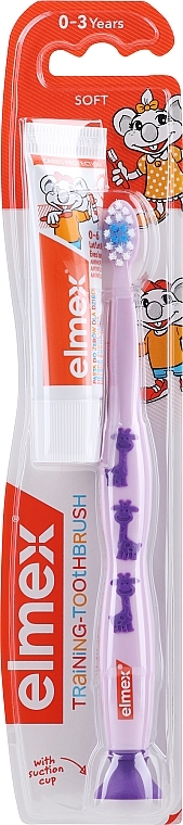 Kinderzahnbürste 0-3 Jahre weich lila mit Gi­raf­fen - Elmex Learn Toothbrush Soft + Toothpaste 12ml — Bild N1