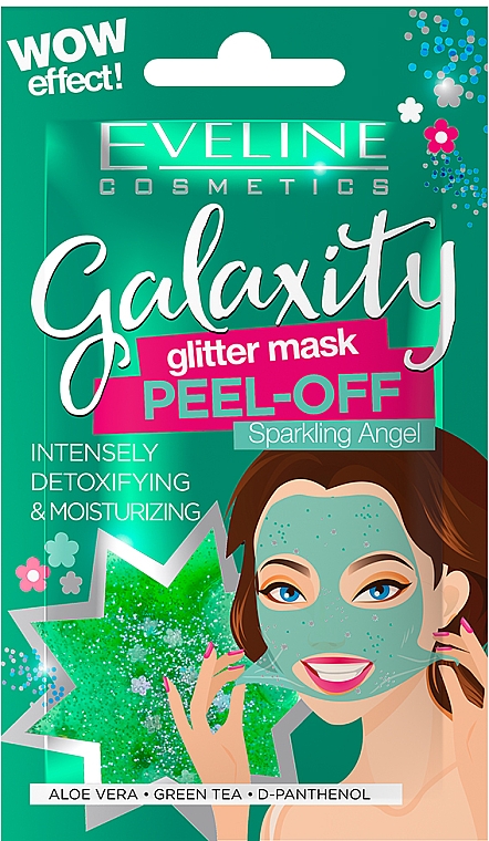 Feuchtigkeitsspendende Peel-Off-Maske für das Gesicht mit grünem Tee, Aloe Vera und D-Panthenol - Eveline Cosmetics Galaxity Glitter Mask Peel-off