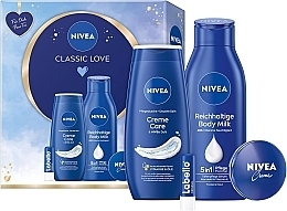 Düfte, Parfümerie und Kosmetik Pflegeset für Männer - NIVEA Classic Love Gift Set (sh/gel/250ml + b/milk/400ml + lip/balm/5,5ml + f/cr/30ml)