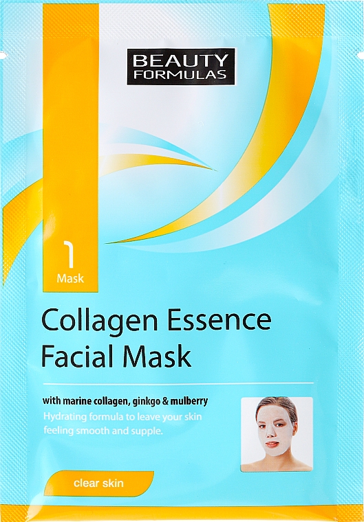 Feuchtigkeitsspendende Tuchmaske für das Gesicht mit Meeres-Kollagen, Ginkgo und Maulbeere - Beauty Formulas Collagen Essence Facial Mask