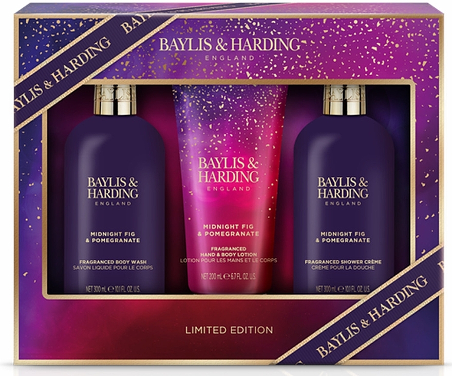 Set - Baylis & Harding Midnight Fig & Pomegranate Luxury Bathing Essentials Gift Set (sh/gel/300ml + sh/cr/300ml + h/b/lot/200ml) — Bild N1
