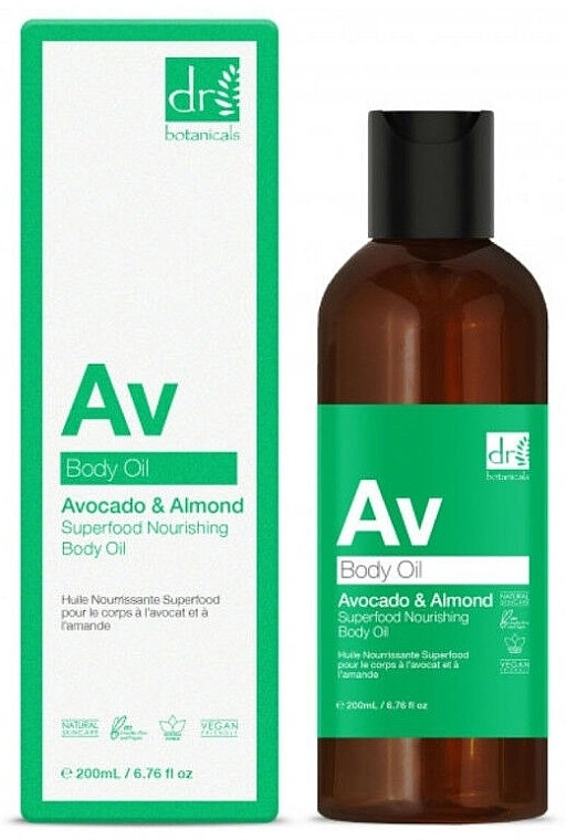 Feuchtigkeitsspendendes Körperöl Avocado und Mandel ohne Spender - Dr. Botanicals Avocado & Almond Superfood Nourishing Body Oil — Bild N1