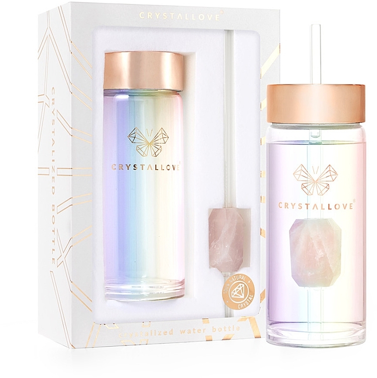 Holographische Glaswasserflasche mit Rosenquarz und Trinkhalm, 400 ml - Crystallove Glass Hologram Water Bottle with Pink Quartz and Straw — Bild N1