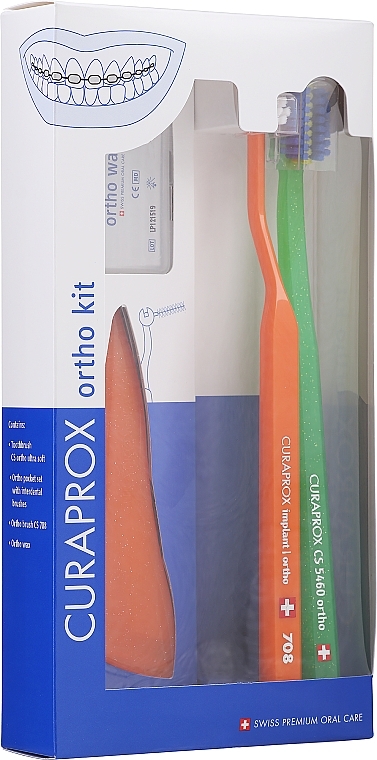 Set Variante 28 (grün, orange) - Curaprox Ortho Kit (brush/1pcs + brushes 07,14,18/3pcs + UHS/1pcs + orthod/wax/1pcs + box) — Bild N1