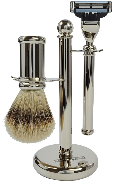 Set - Golddachs Finest Badger, Mach3 Metal Chrome Handle (sh/brush + razor + stand) — Bild N1