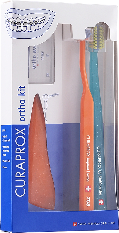 Set Variante 30 (orange, orange, blau) - Curaprox Ortho Kit (brush/1pcs + brushes 07,14,18/3pcs + UHS/1pcs + orthod/wax/1pcs + box) — Bild N1