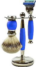 Set - Golddachs Pure Bristle, Fusion Polymer Blue Chrom (sh/brush + razor + stand) — Bild N1