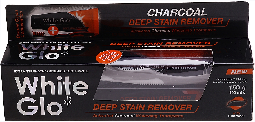 Set - White Glo Charcoal Deep Stain Remover Toothpaste (Zahnpasta 100ml + Zahnbürste) — Bild N1