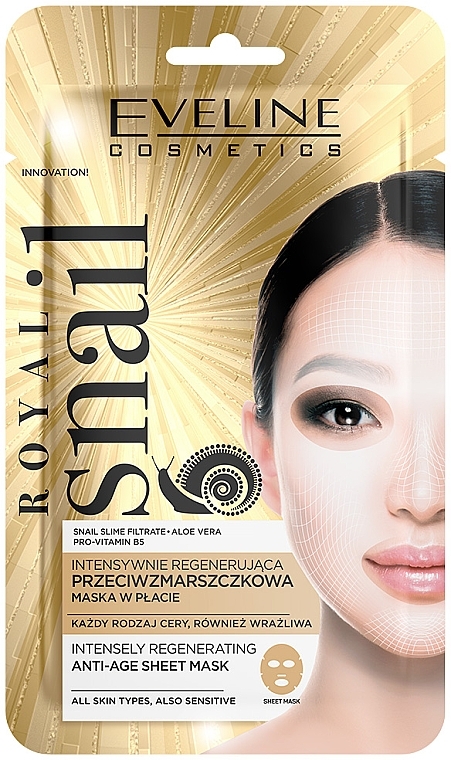 Intensiv revitalisierende Anti-Aging Tuchmaske mit 3% Schneckenschleimfiltrat, Aloe vera und Provitamin B5 - Eveline Cosmetics Royal Snail Intensely Revitalising Anti-Age Mask — Bild N1