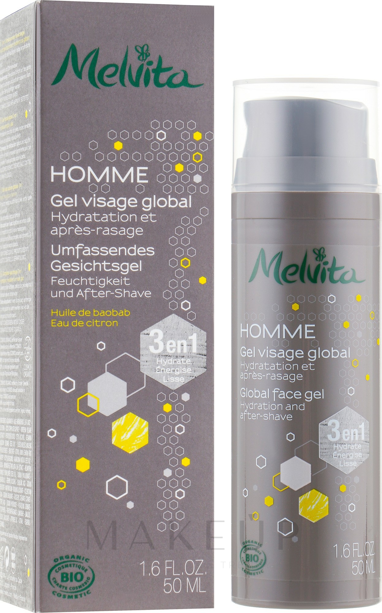 3in1 Feuchtigkeitsspendendes After Shave Gesichtsgel - Melvita Homme 3in1 Global Face Gel Hydration And After-Shave — Bild 50 ml