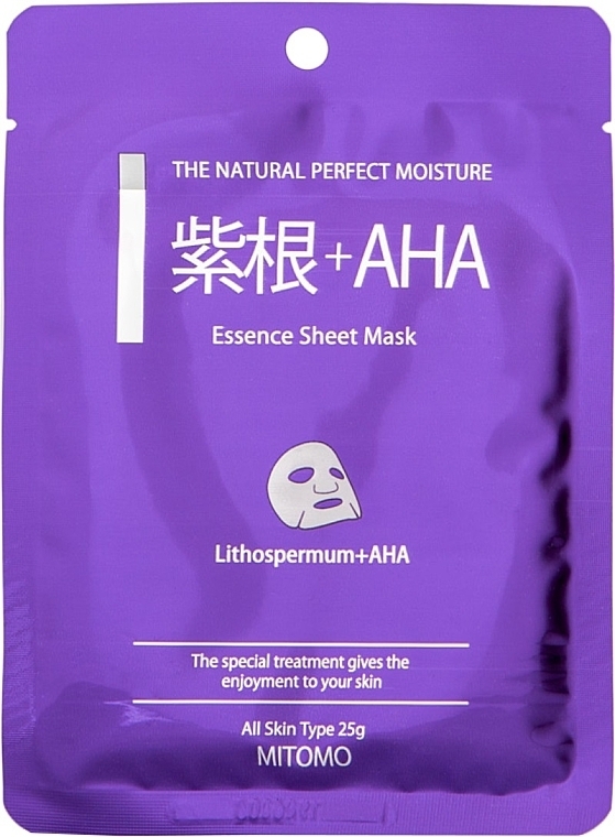 Tuchmaske für das Gesicht Lithospermum und AHA - Mitomo Lithospermum + AHA Essence Sheet Mask — Bild N1